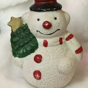 Festive Snowman Figurine with Green Tree and Red Accents